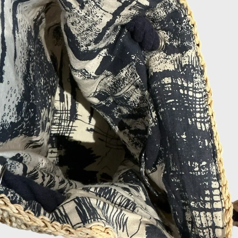 Cynthia Rowley Straw Drawstring Backpack Cream Navy Woven Boho Bag